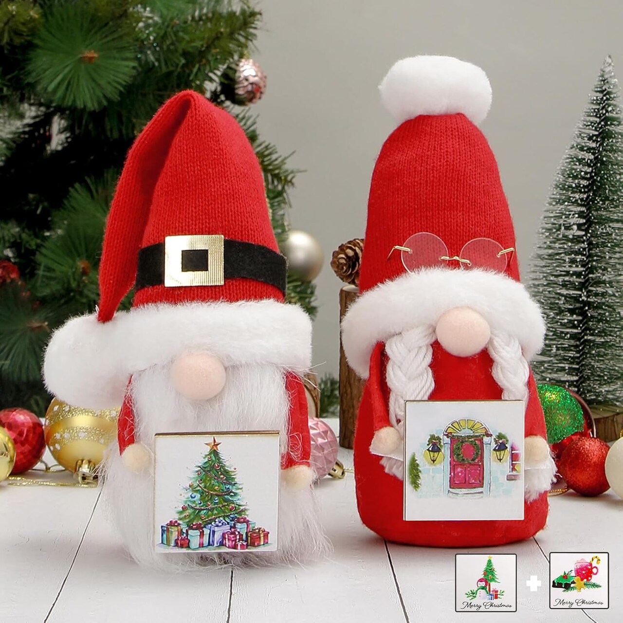 2 Pack Christmas Gnomes Decorations, Christmas Gnomes Plush Handmade Christmas Decor Gnome Gifts with Wooden Signs for Tiered Tray Table Hodiday Party Decor Christmas Elf Santa Ornaments Farmhouse
